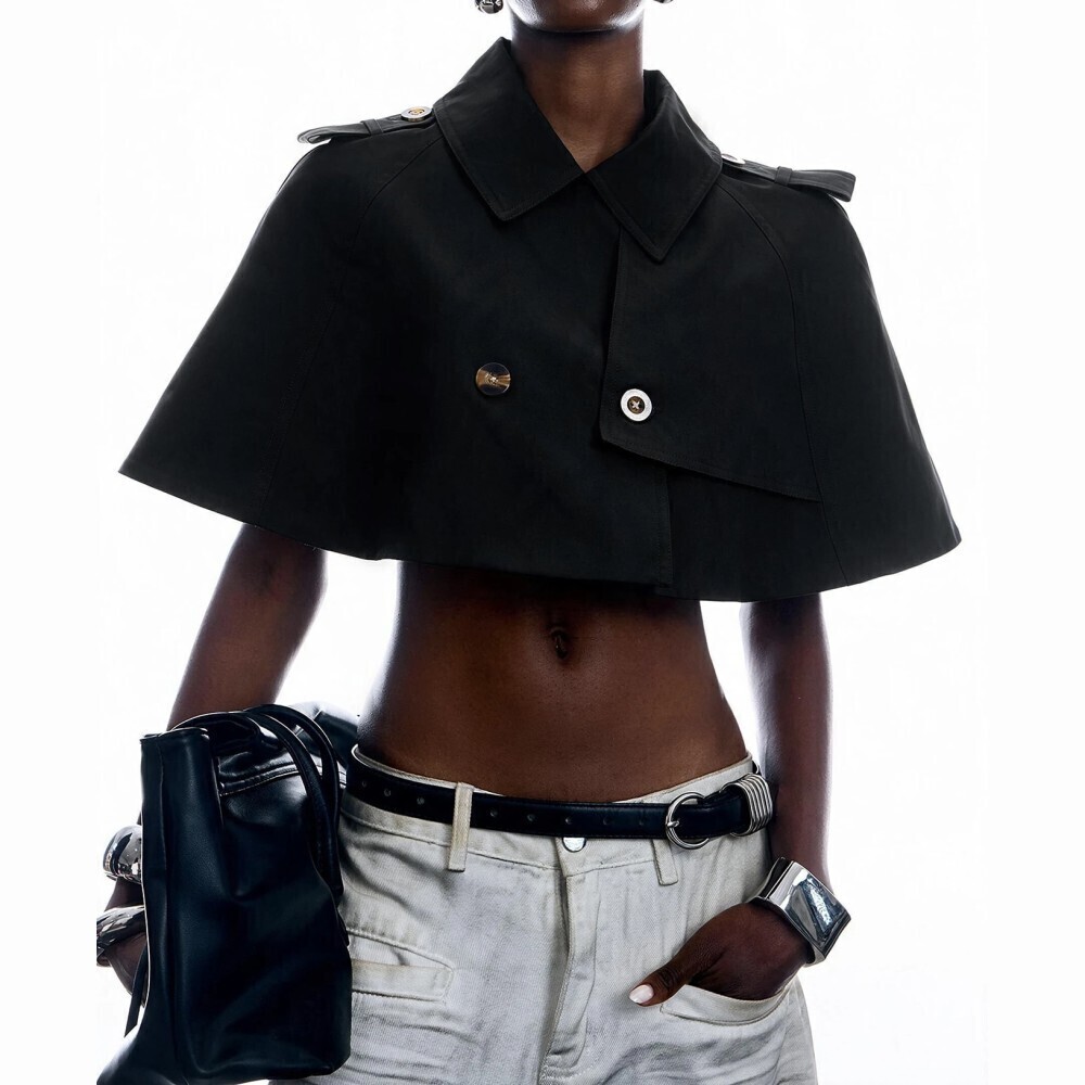 Black Woven Cape Collar Cropped Trench Cape